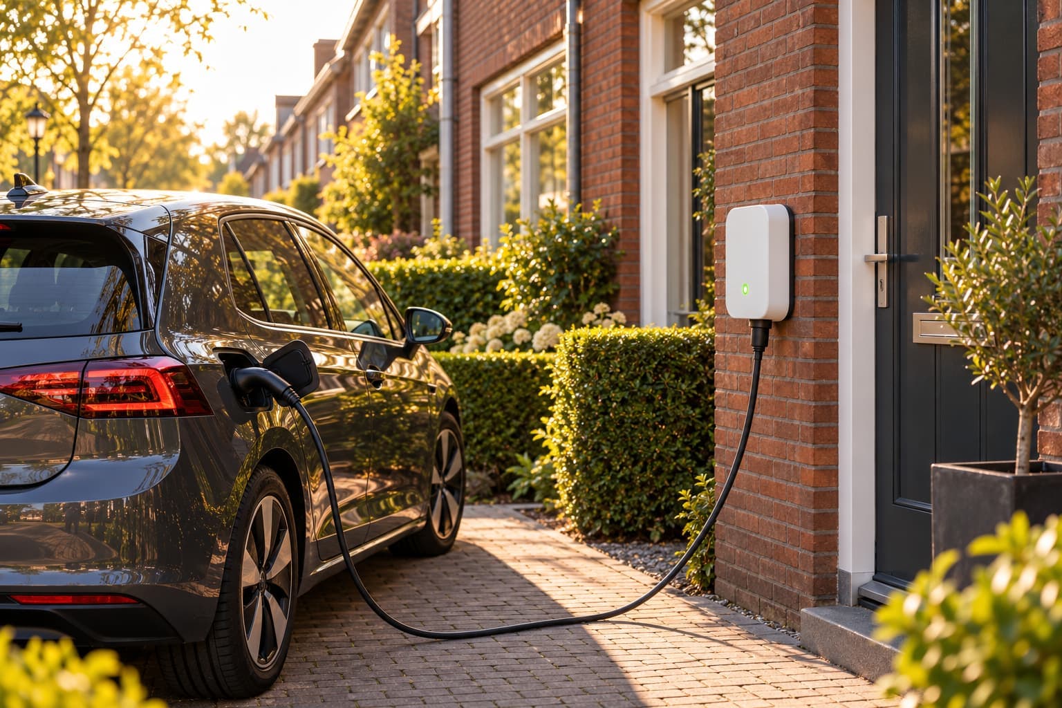 Laadpaal aan de gevel van een rijtjeshuis, elektrische auto aan het laden