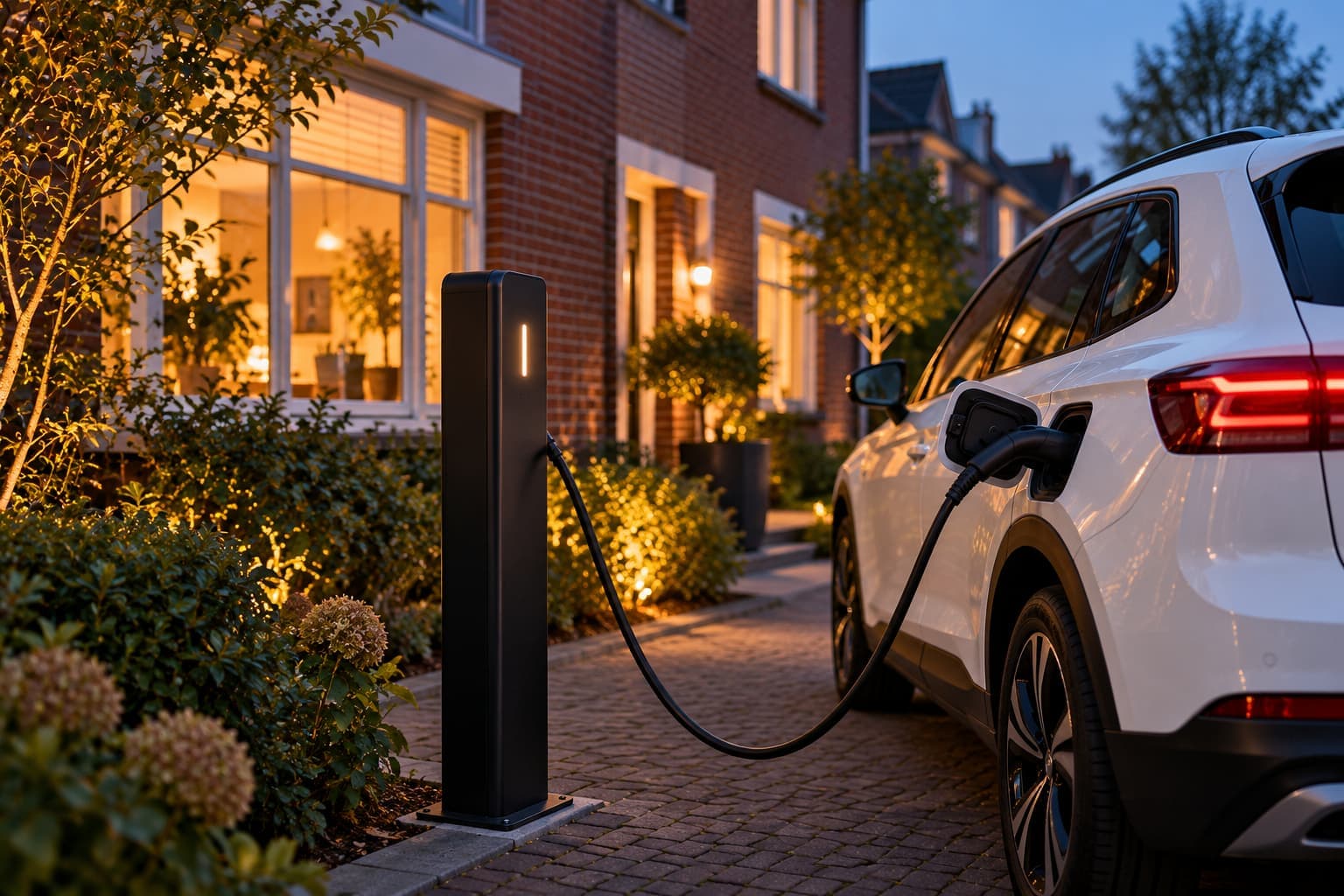 Laadpaal op de oprit, auto aan de lader in de avond
