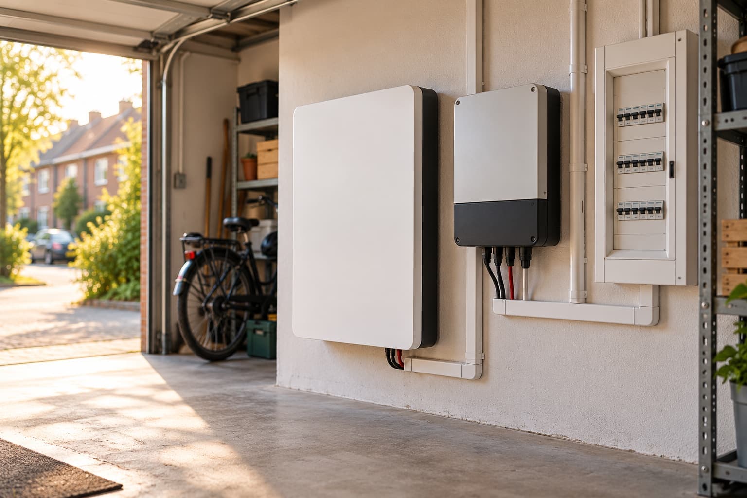 Thuisbatterij aan de muur van een garage naast de omvormer en de meterkast